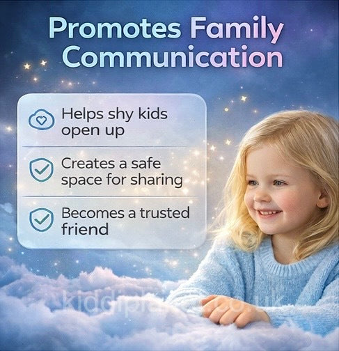 Child in a blue sweater sitting on clouds with text about family communication benefits.