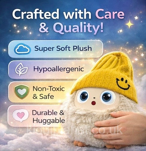 Plush toy with a yellow hat held by a hand, surrounded by glowing stars and text highlighting features like 'Super Soft Plush', 'Hypoallergenic', 'Non-Toxic & Safe', and 'Durable & Huggable'.