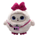 White plush toy with a pink bow and camera, on a white background