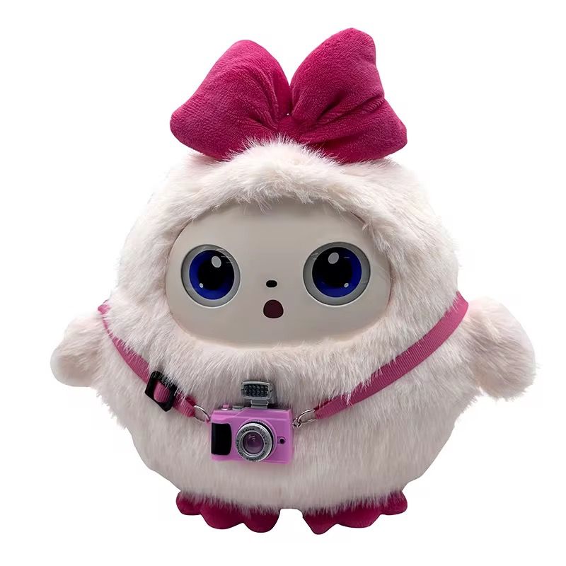White plush toy with a pink bow and camera, on a white background