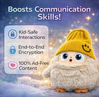 Plush toy with a yellow hat featuring communication benefits on a starry night background