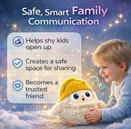 Child holding a plush toy with text about safe, smart family communication on a starry night background.