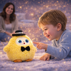 Child interacting with a plush toy resembling a yellow character with a top hat and bow tie, with a blurred background of a woman and lights.
