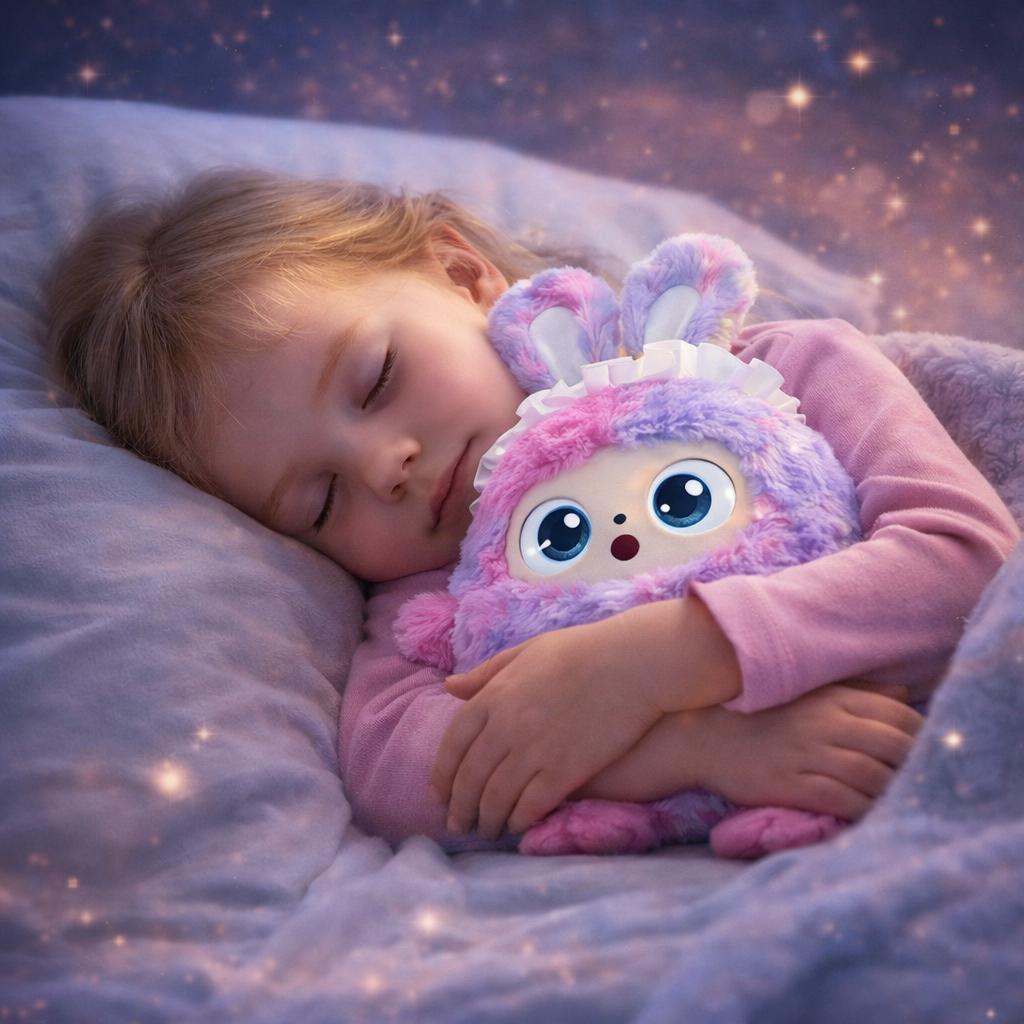 Child sleeping with a colorful plush toy in a cozy setting