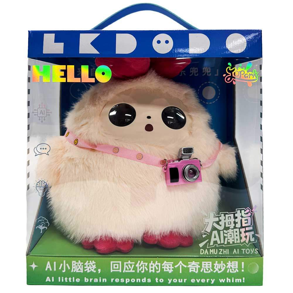 Plush toy with a camera on a blue and green box labeled 'Ledodo'.