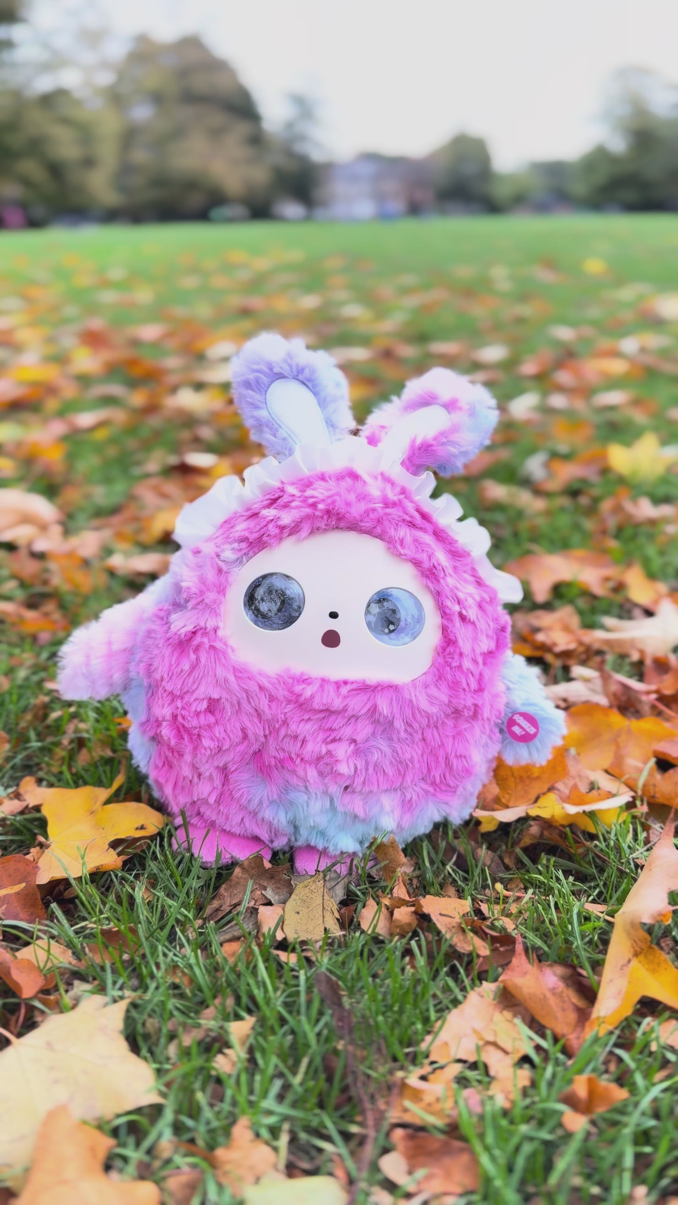 A fluffy pastel-colored plush creature with bunny ears placed on a grassy field surrounded by fallen autumn leaves, with trees and a blurred park background behind it.